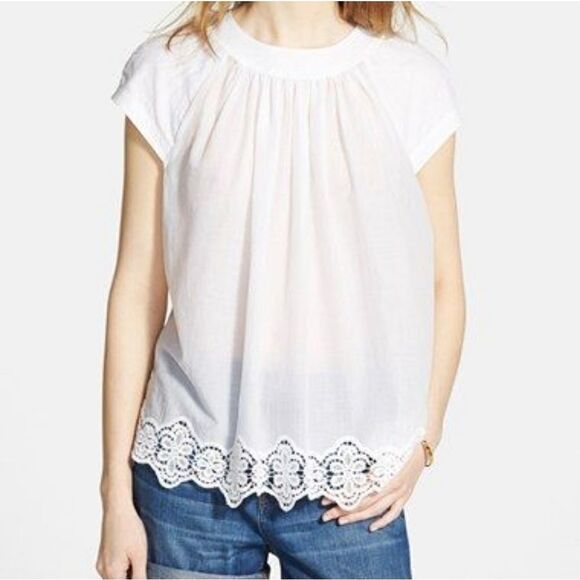 Madewell Tops - Madewell White Lace Hem Blouse Women's Size Xs Cap